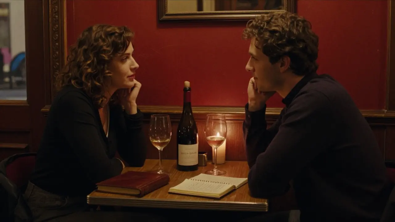 Two people sharing wine and conversation in a cozy Parisian bistro at dusk.