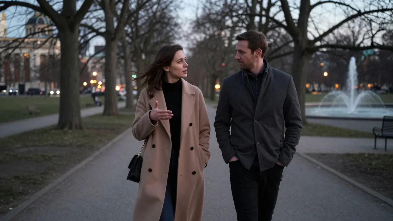 Two people walk calmly through Tiergarten at dusk, engaged in quiet, respectful conversation.