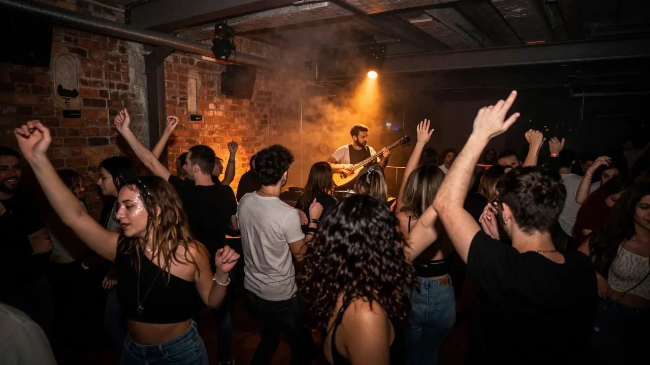 Underground club with crowd dancing to live oud music in a dim, industrial warehouse space.
