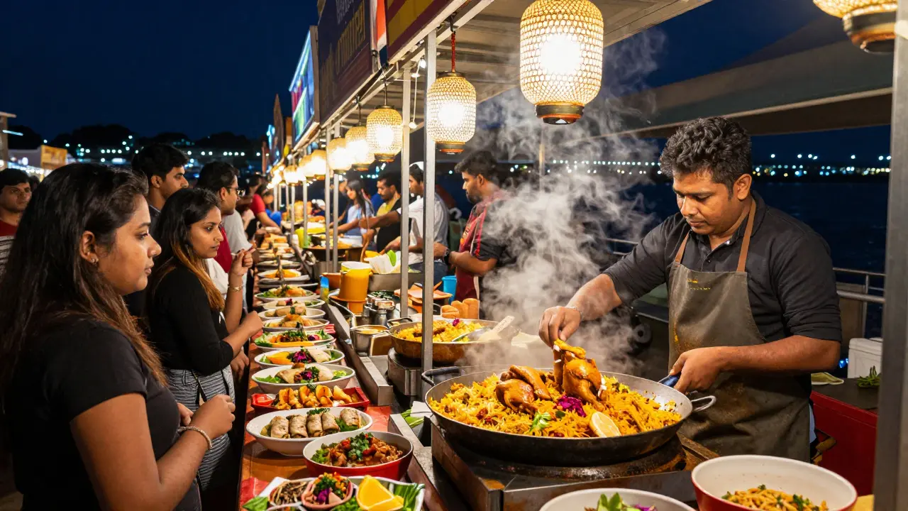 Vibrant night market with food stalls serving biryani, shawarma, and adobo under string lights.