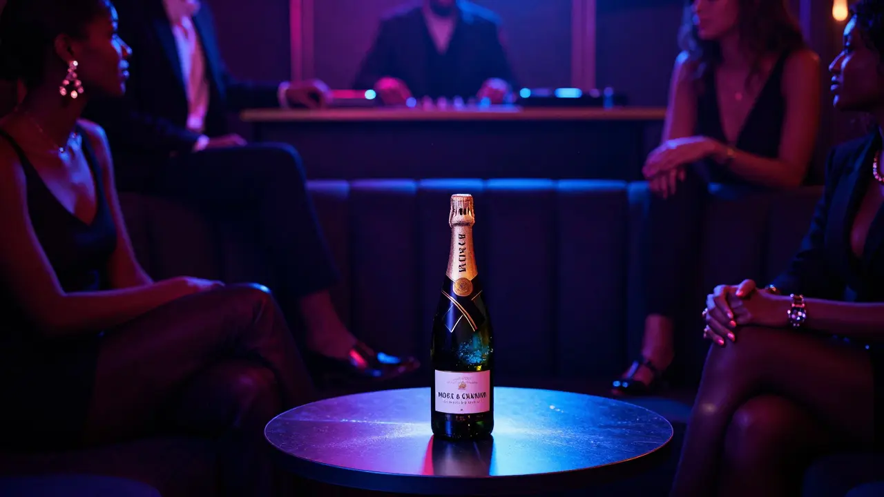 VIP booth in Rock &amp; Roll club with champagne on ice, elegant guests in shadow, neon glow and no phones visible.